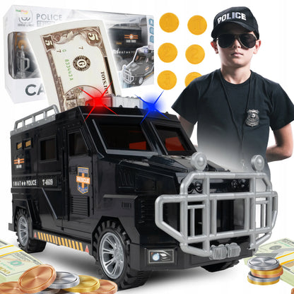 Seifas-taupyklė policijos automobilis monetoms ir banknotams su PIN kodu