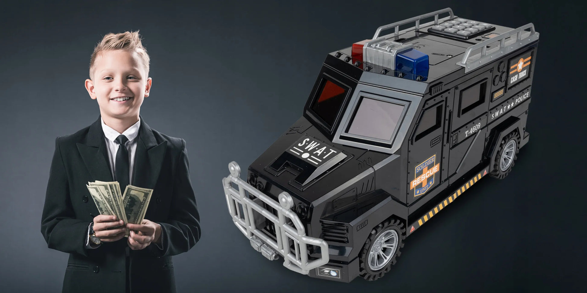 Seifas-taupyklė policijos automobilis monetoms ir banknotams su PIN kodu