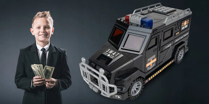 Seifas-taupyklė policijos automobilis monetoms ir banknotams su PIN kodu