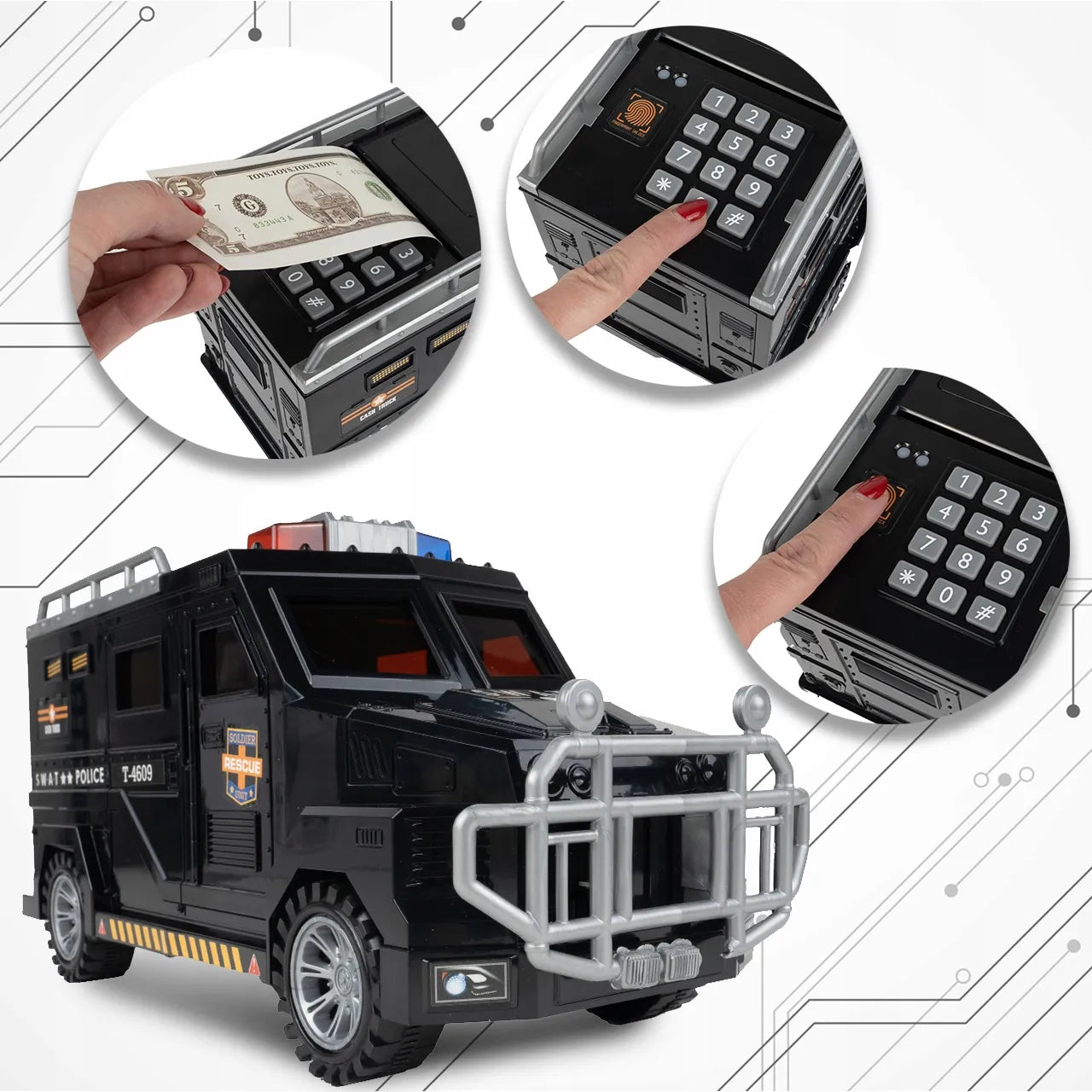 Seifas-taupyklė policijos automobilis monetoms ir banknotams su PIN kodu