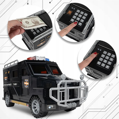 Seifas-taupyklė policijos automobilis monetoms ir banknotams su PIN kodu