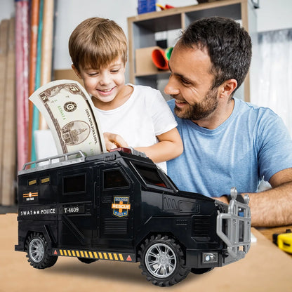 Seifas-taupyklė policijos automobilis monetoms ir banknotams su PIN kodu