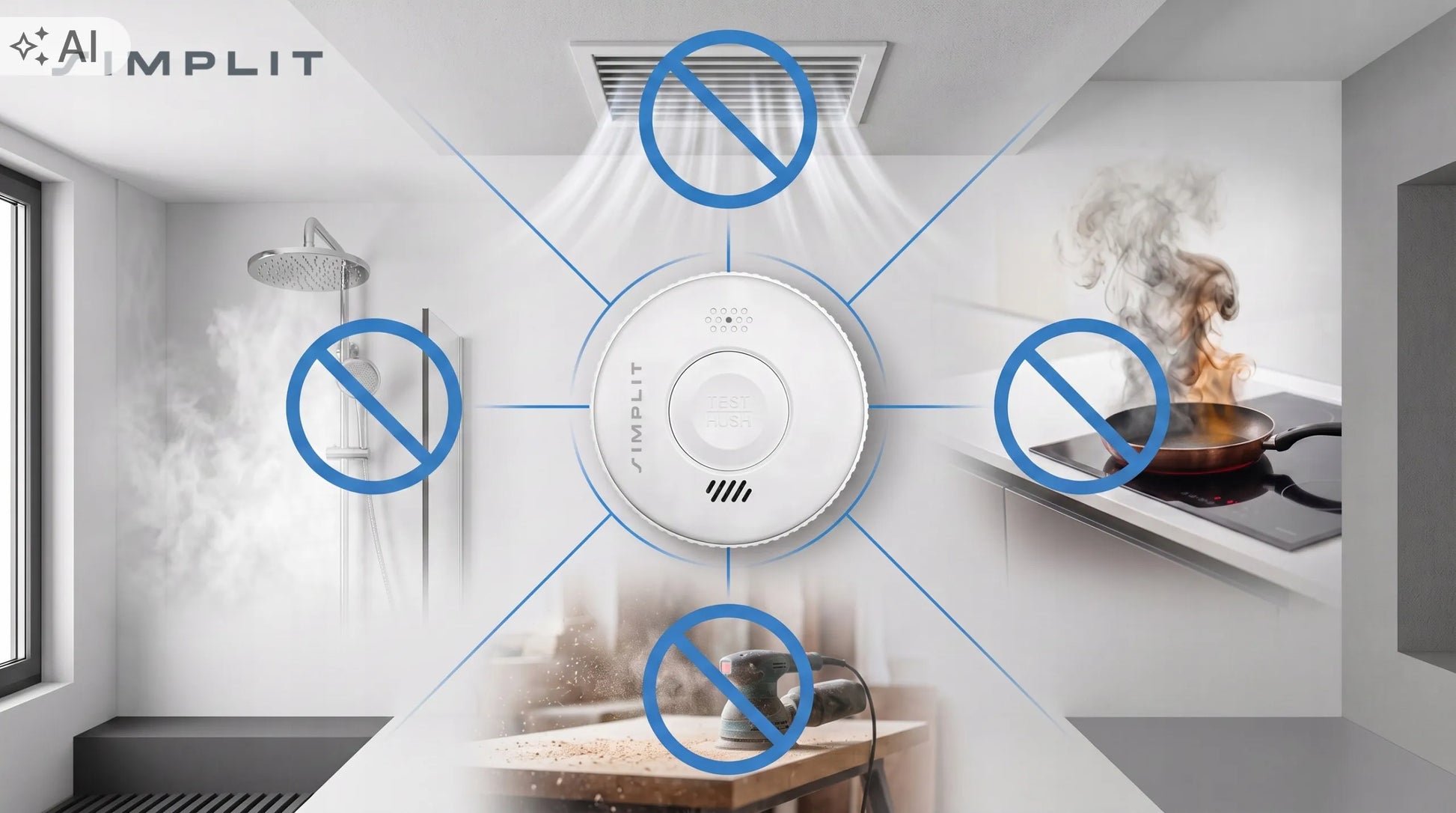 Sertifikuotas TÜV fotoelektrinis dūmų detektorius Simplit, 85 dB, 60 m², veikia iki 3 metų