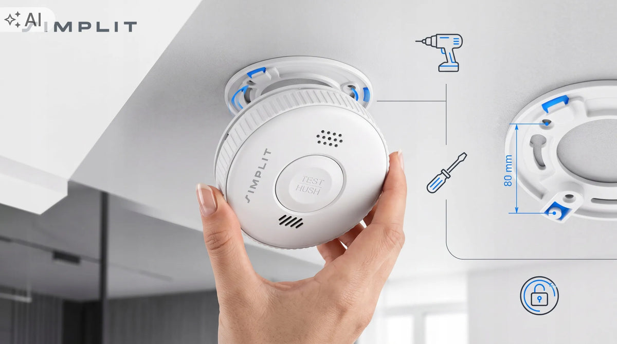 Sertifikuotas TÜV fotoelektrinis dūmų detektorius Simplit, 85 dB, 60 m², veikia iki 3 metų