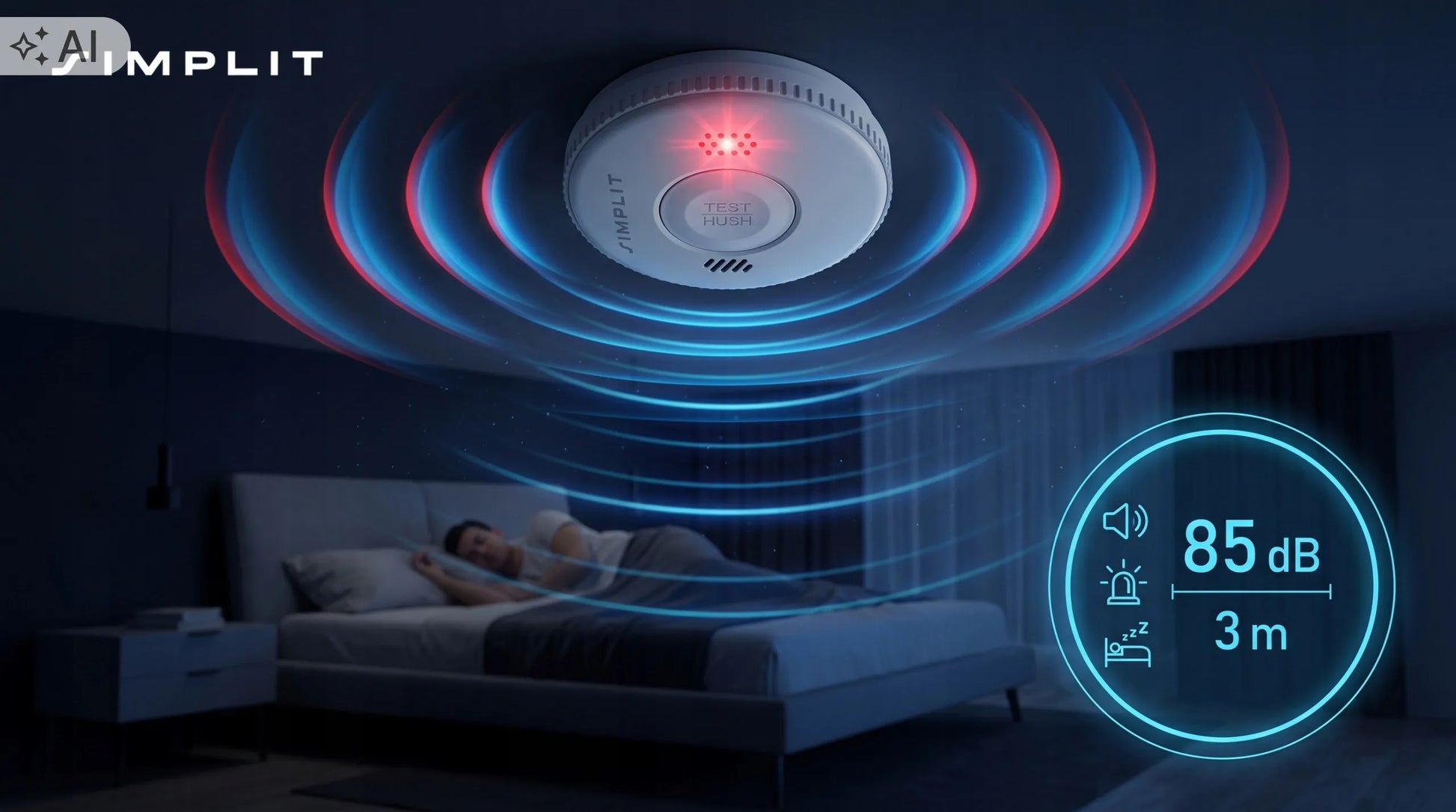 Sertifikuotas TÜV fotoelektrinis dūmų detektorius Simplit, 85 dB, 60 m², veikia iki 3 metų