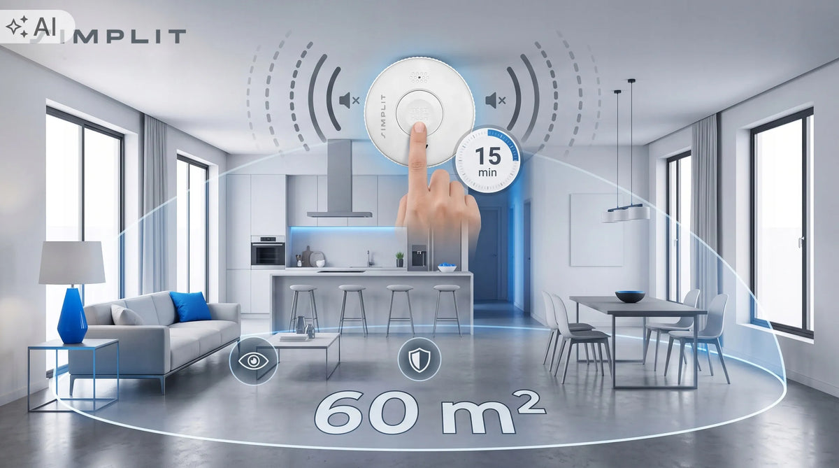 Sertifikuotas TÜV fotoelektrinis dūmų detektorius Simplit, 85 dB, 60 m², veikia iki 3 metų