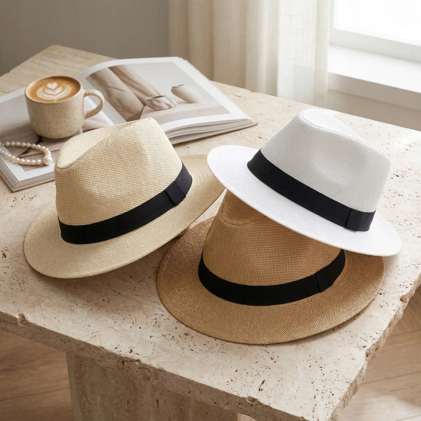 Šiaudinė „Fedora“ stiliaus skrybėlė nuo saulės, smėlio spalvos, su reguliavimu, Panama