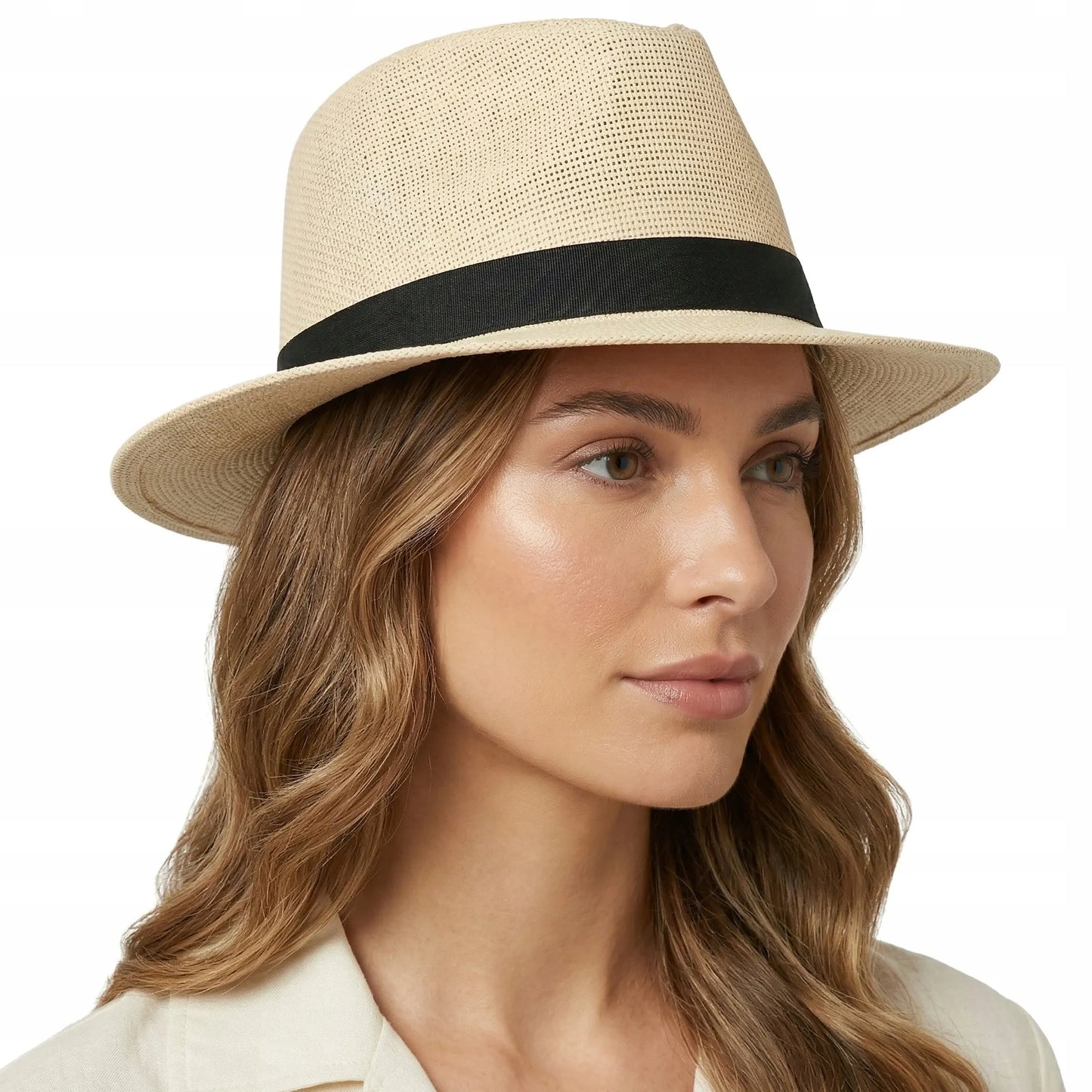 Šiaudinė „Fedora“ stiliaus skrybėlė nuo saulės, smėlio spalvos, su reguliavimu, Panama
