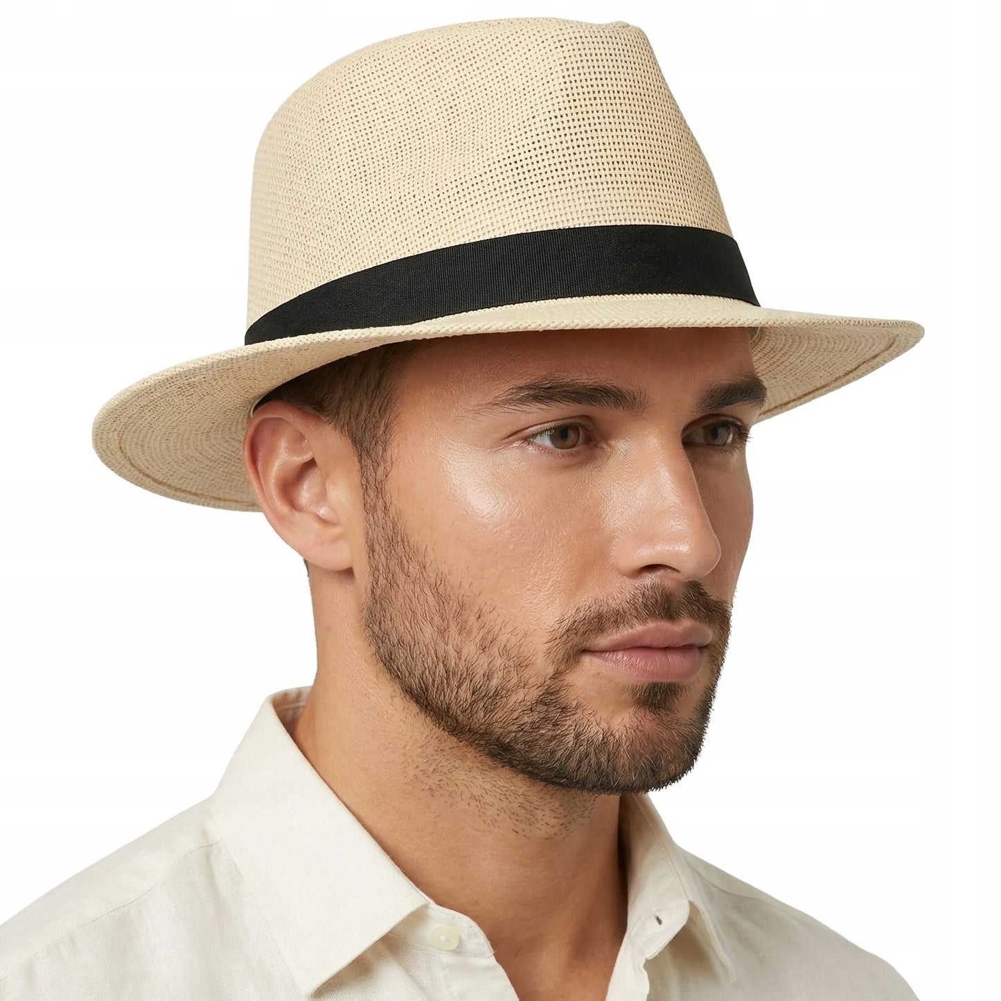 Šiaudinė „Fedora“ stiliaus skrybėlė nuo saulės, smėlio spalvos, su reguliavimu, Panama