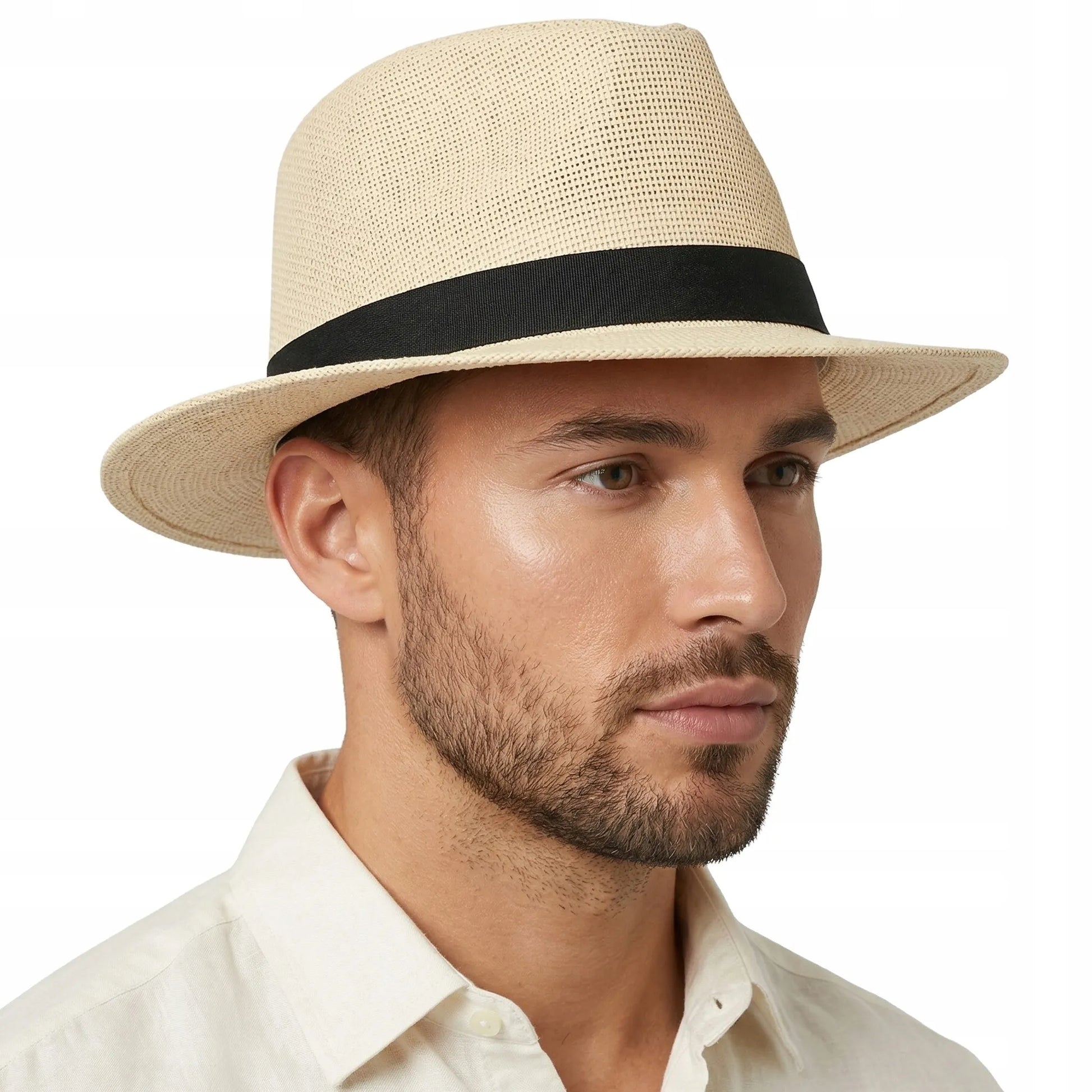 Šiaudinė „Fedora“ stiliaus skrybėlė nuo saulės, smėlio spalvos, su reguliavimu, Panama