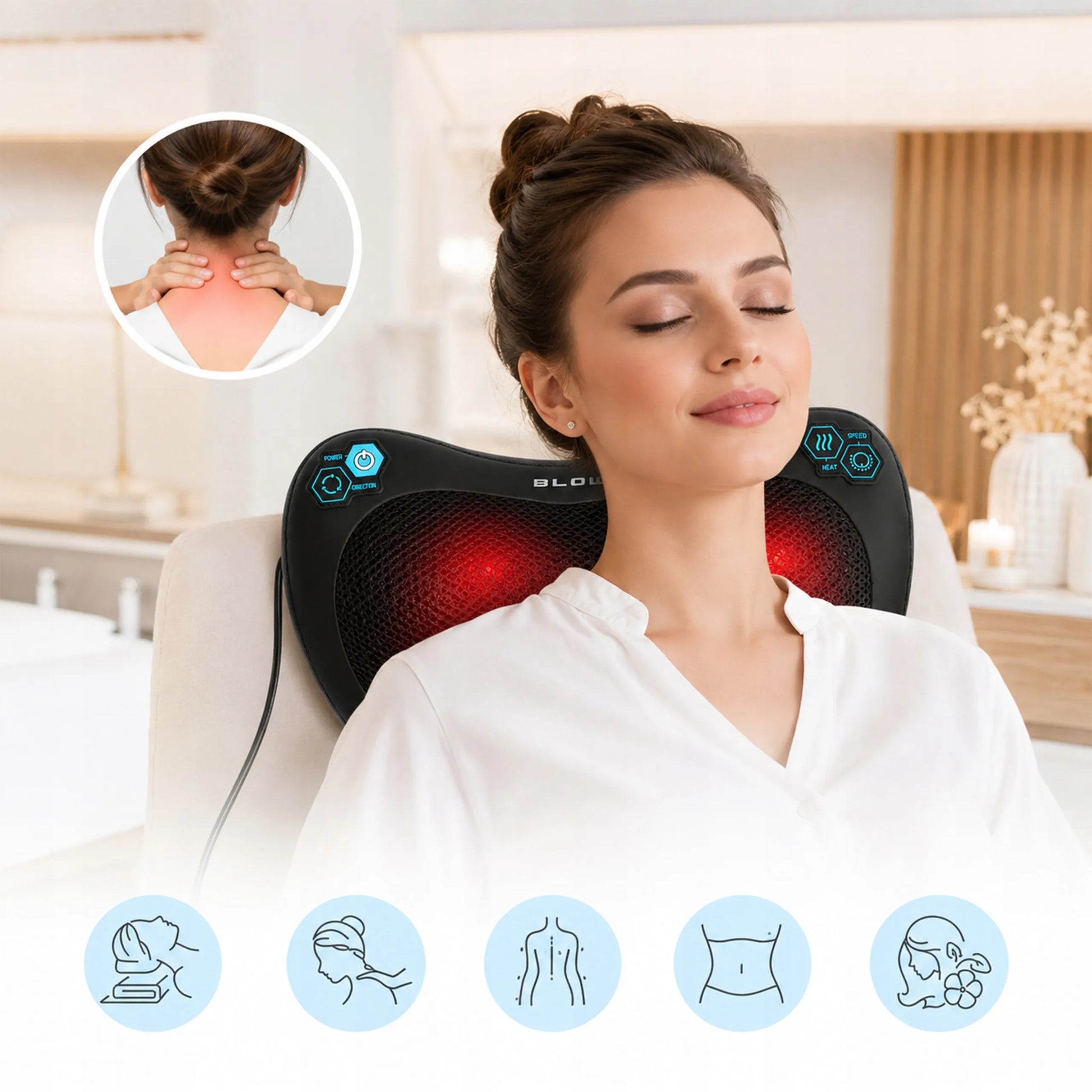 Šildanti shiatsu masažinė pagalvė kaklui, nugarai, kojoms ir kūno raumenims