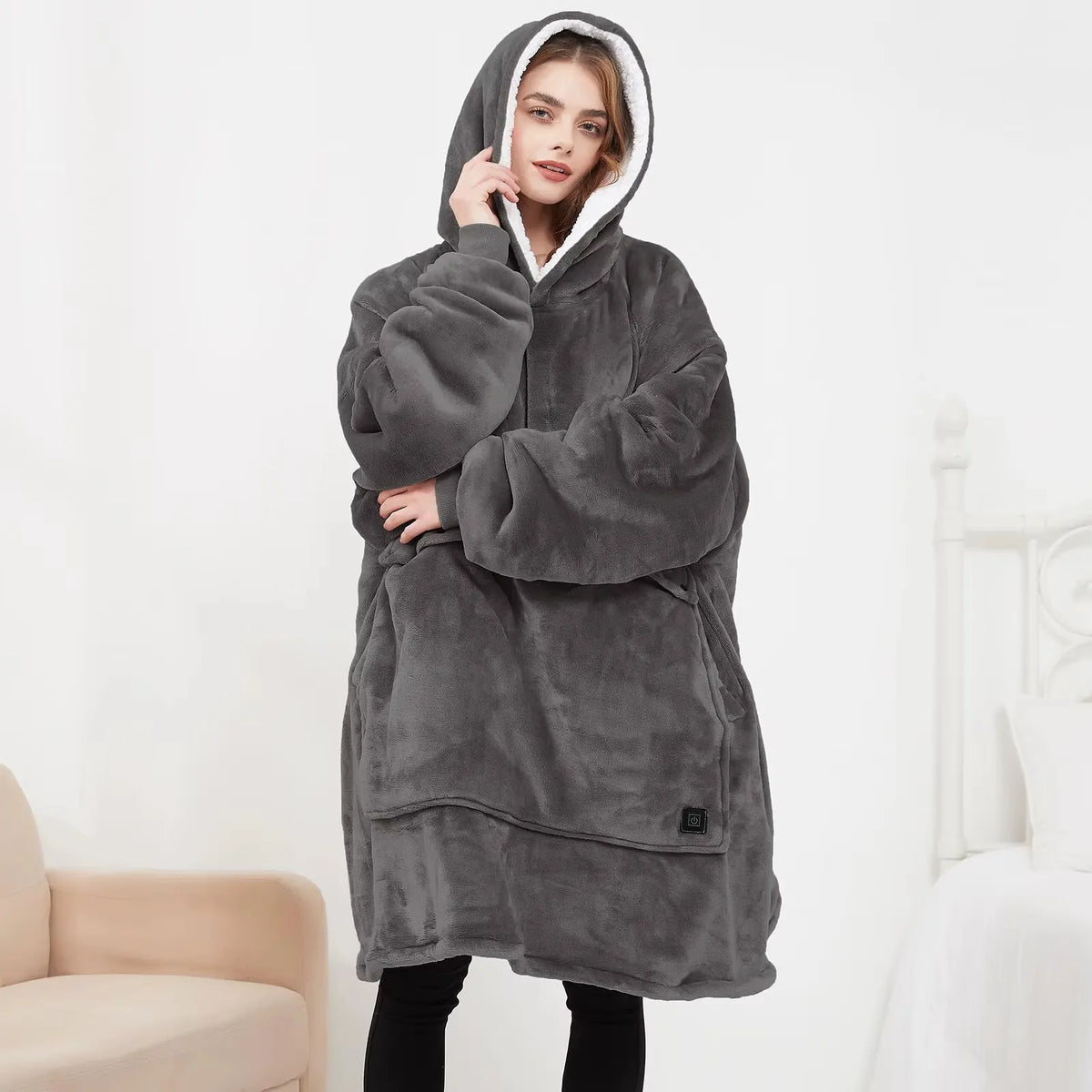 Šildoma pilka džemperinė antklodė su gobtuvu, USB, 35–55 °C, oversize