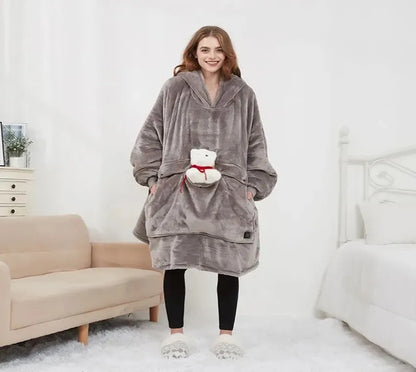 Šildoma pilka džemperinė antklodė su gobtuvu, USB, 35–55 °C, oversize