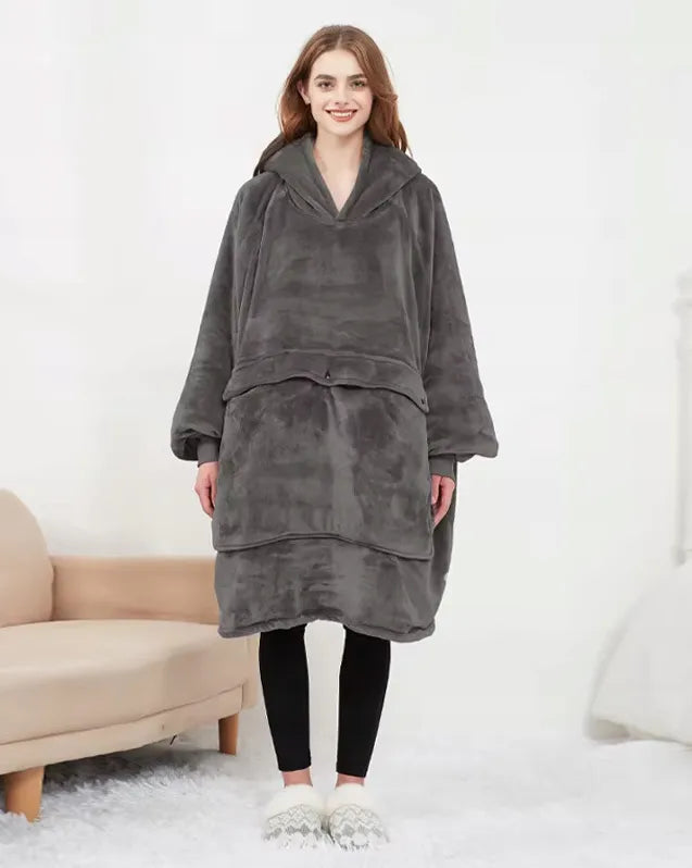 Šildoma pilka džemperinė antklodė su gobtuvu, USB, 35–55 °C, oversize