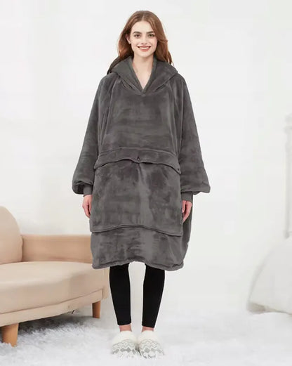 Šildoma pilka džemperinė antklodė su gobtuvu, USB, 35–55 °C, oversize