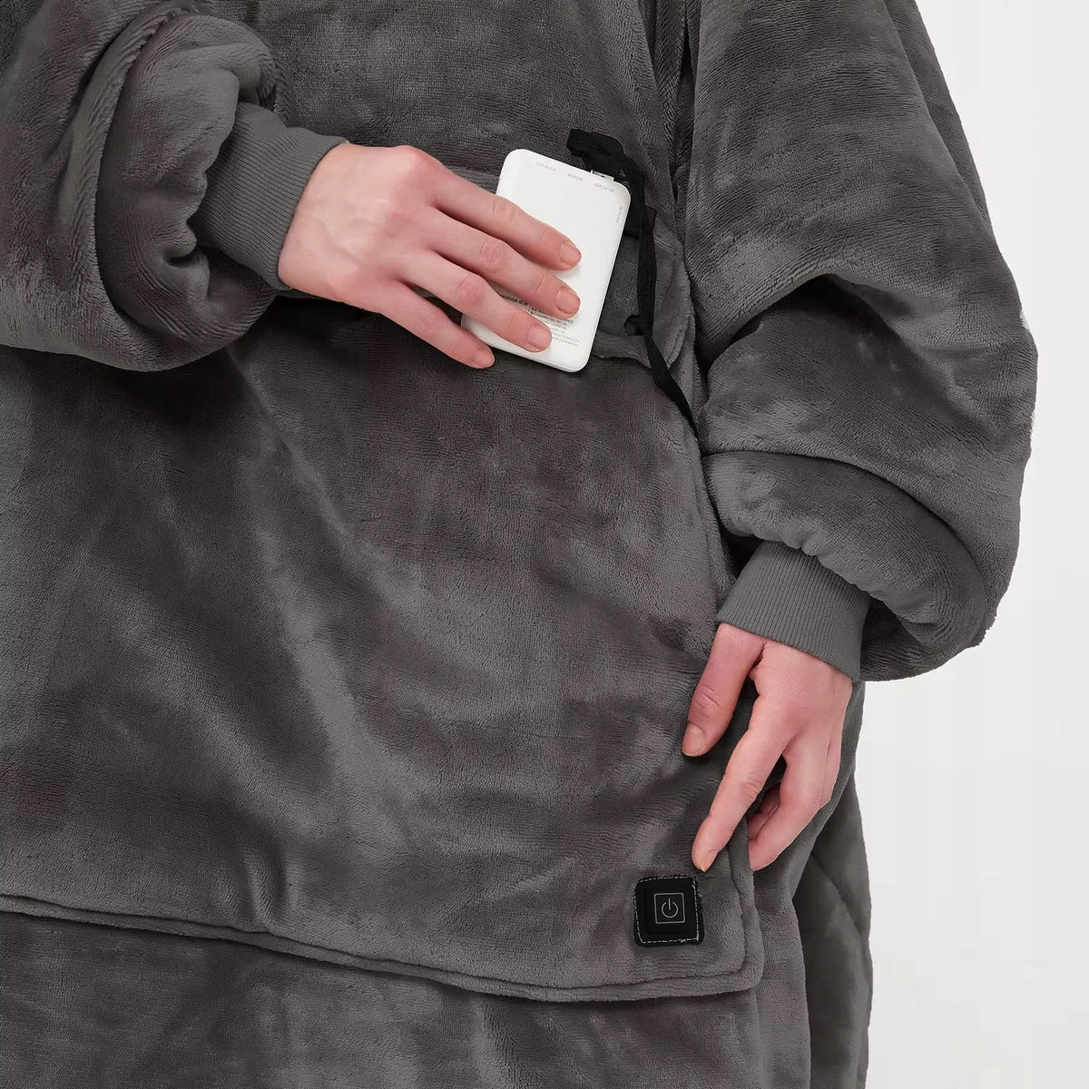 Šildoma pilka džemperinė antklodė su gobtuvu, USB, 35–55 °C, oversize