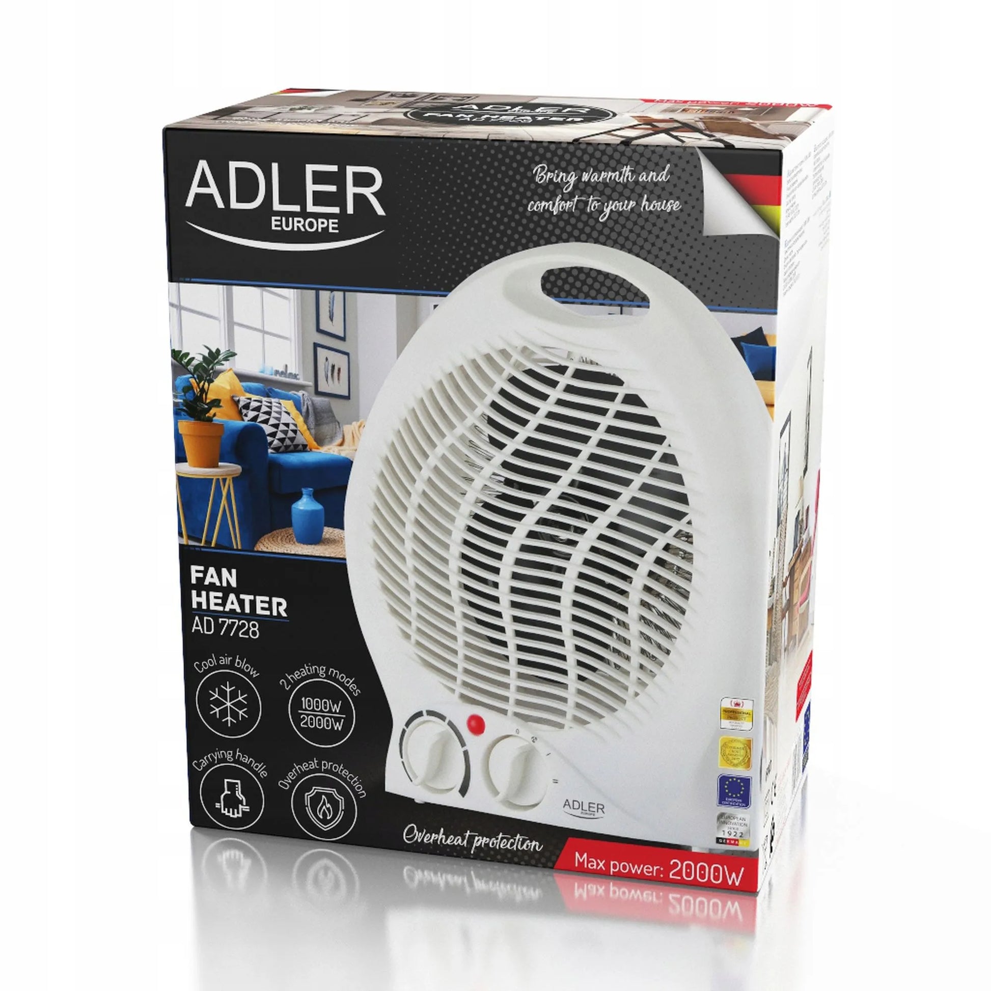 Šildytuvas ventiliatorius Adler AD 7728 2000W su termostatu