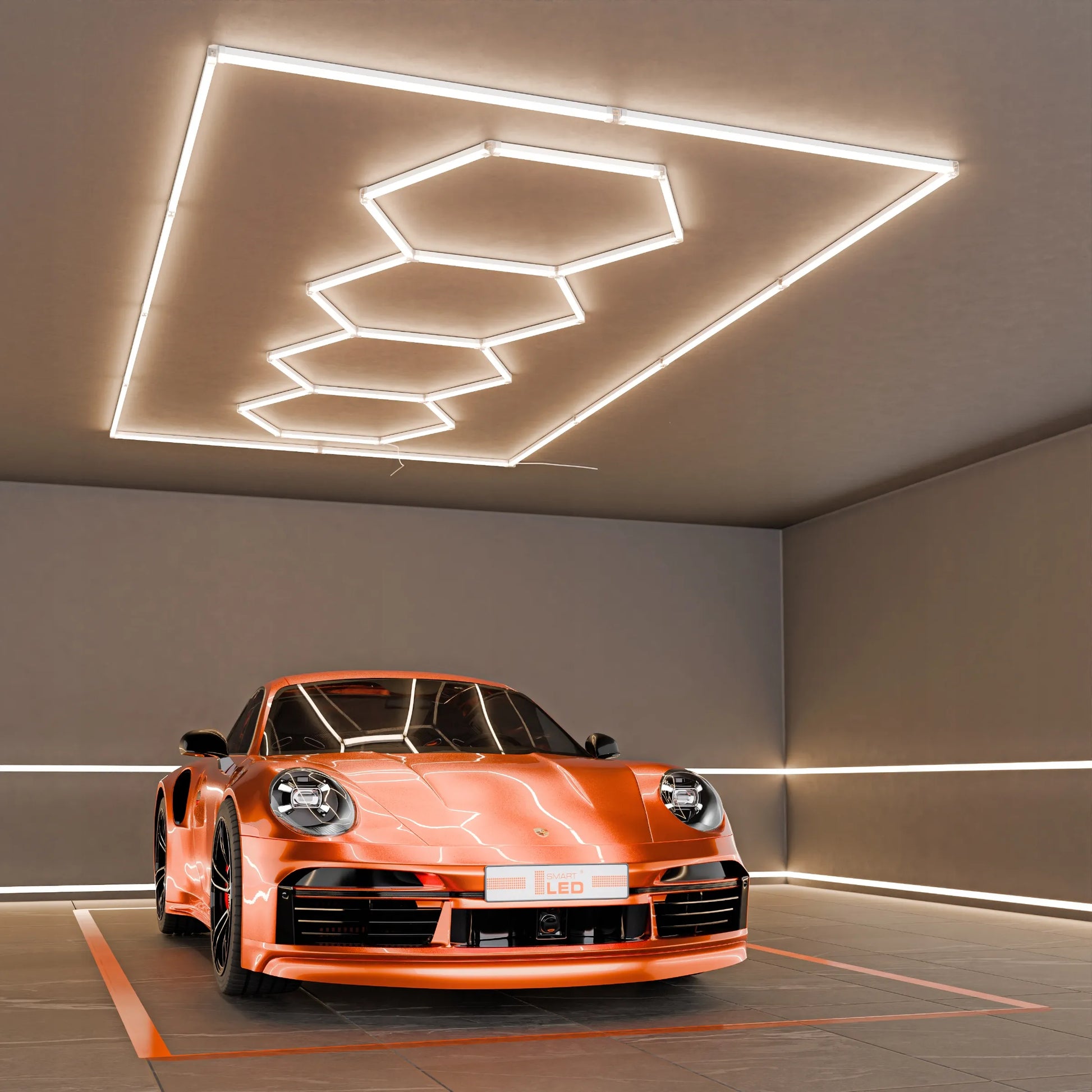 Smartled LED šešiakampis lubinis šviestuvas, panelinis apšvietimas garažui ir dirbtuvėms, 484 x 243 cm