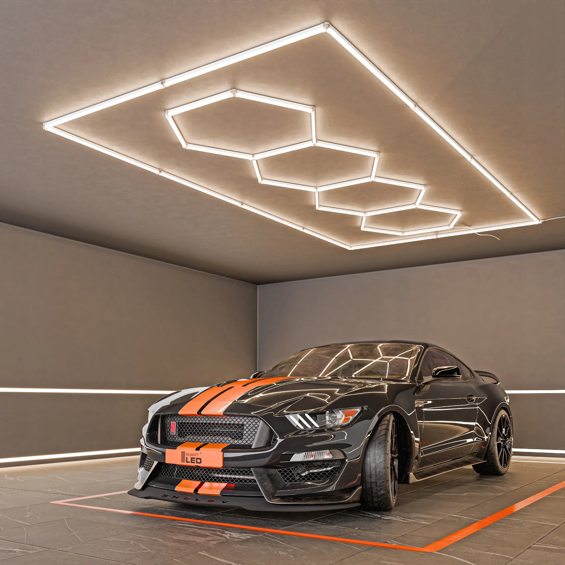 Smartled LED šešiakampis lubinis šviestuvas, panelinis apšvietimas garažui ir dirbtuvėms, 484 x 243 cm
