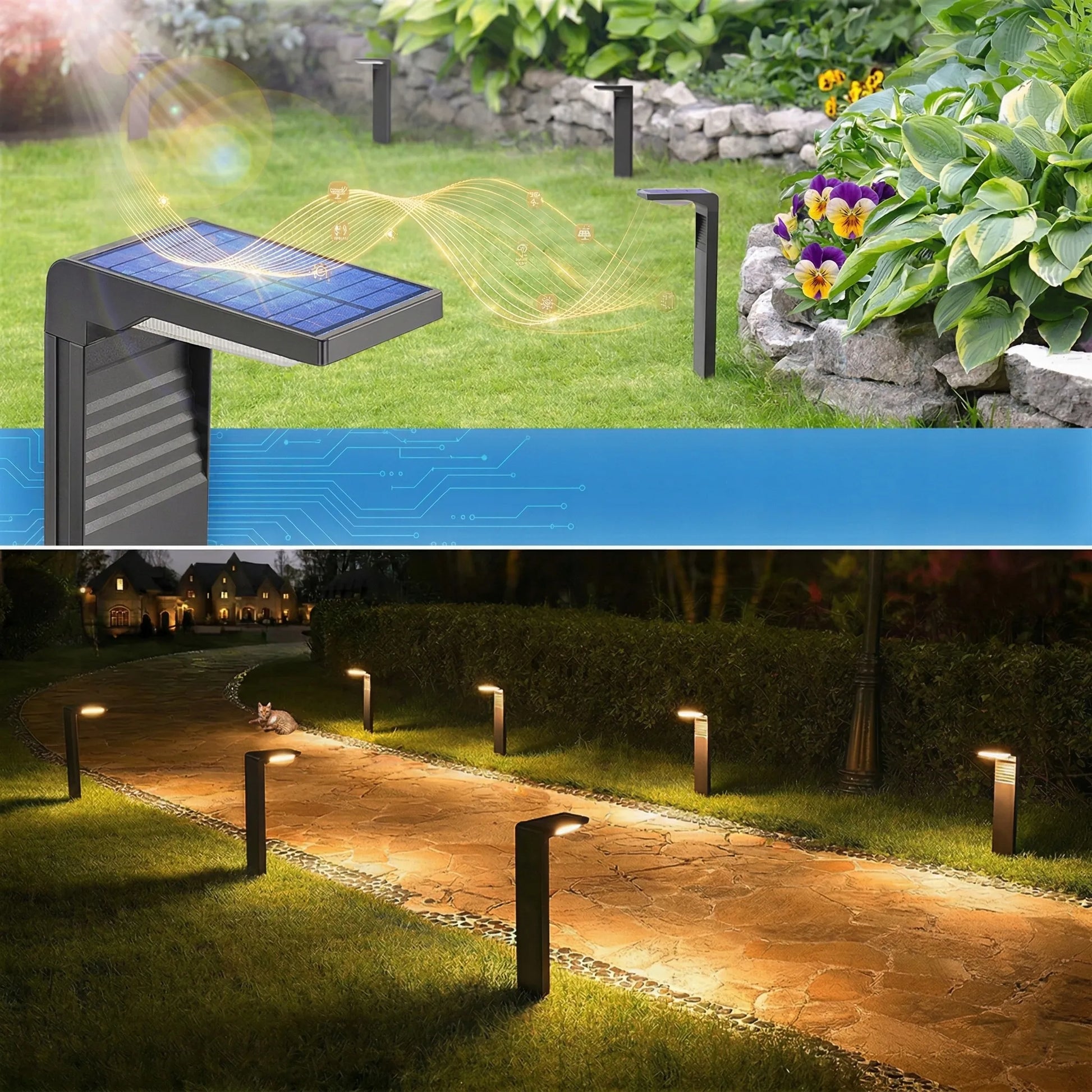 Smartled saulės energija maitinamas LED sodo šviestuvas su smaigu, stulpelio formos, prieblandos jutikliu, 3000K, juodas