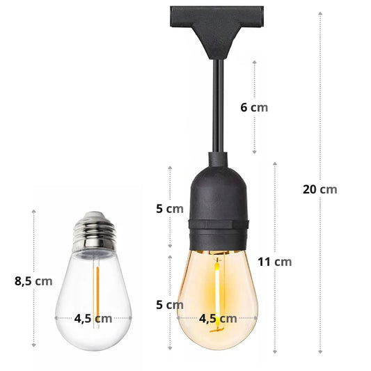 Sodo girlianda 20 m + 20 E27 LED lempučių, vandeniui atspari, sujungiamo tipo