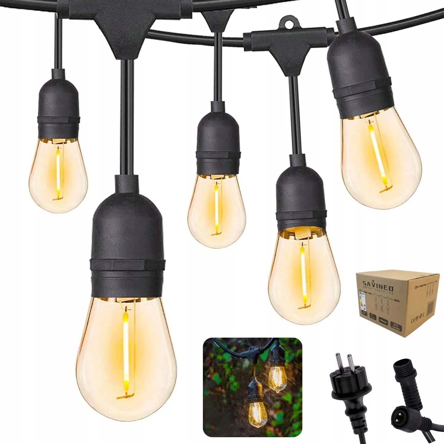 Sodo girlianda 20 m + 20 E27 LED lempučių, vandeniui atspari, sujungiamo tipo