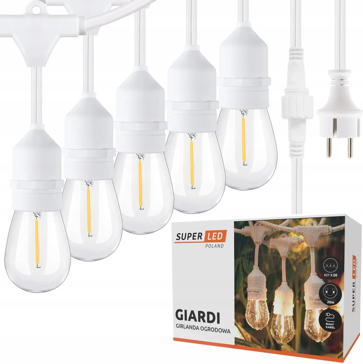 Sodo girlianda lauko Balta 20m + 20x LED lemputė E27 Vestuvinė