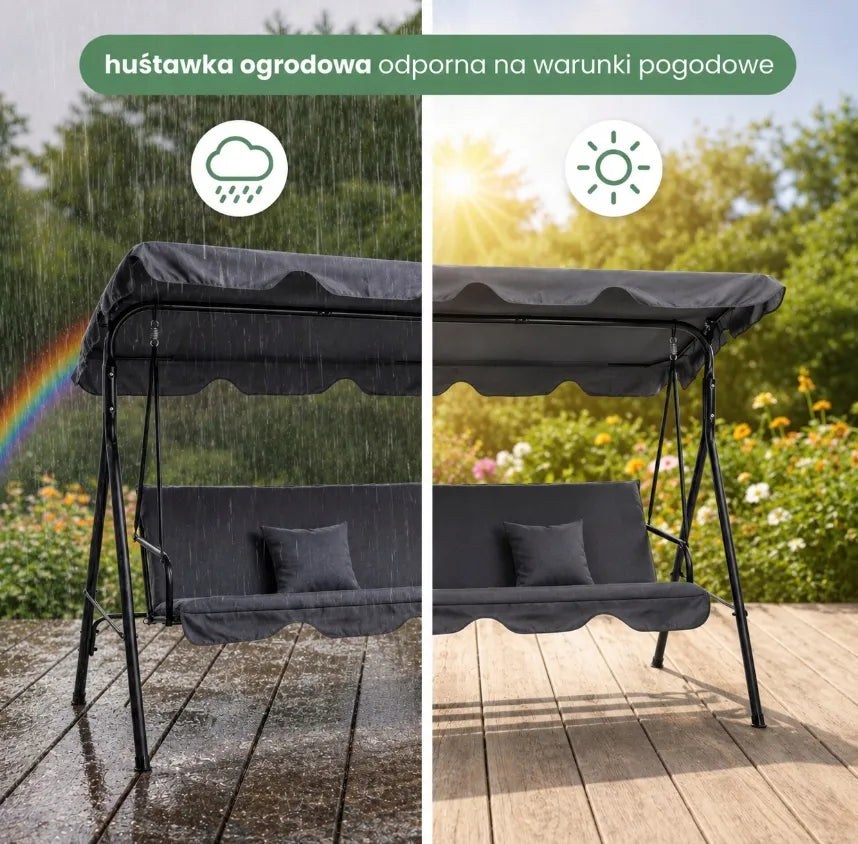 Sodo sūpynės 3 vietų su pagalvėlėmis ir stogeliu, pilkos, 170 cm