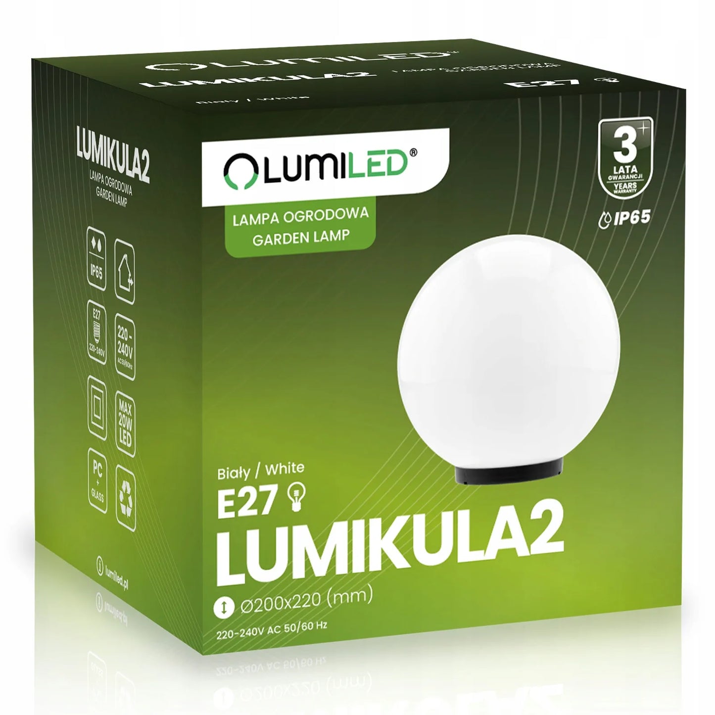 Sodo šviestuvas LED rutulys 230V 20cm įkasamas su laidu E27 balto stiklo