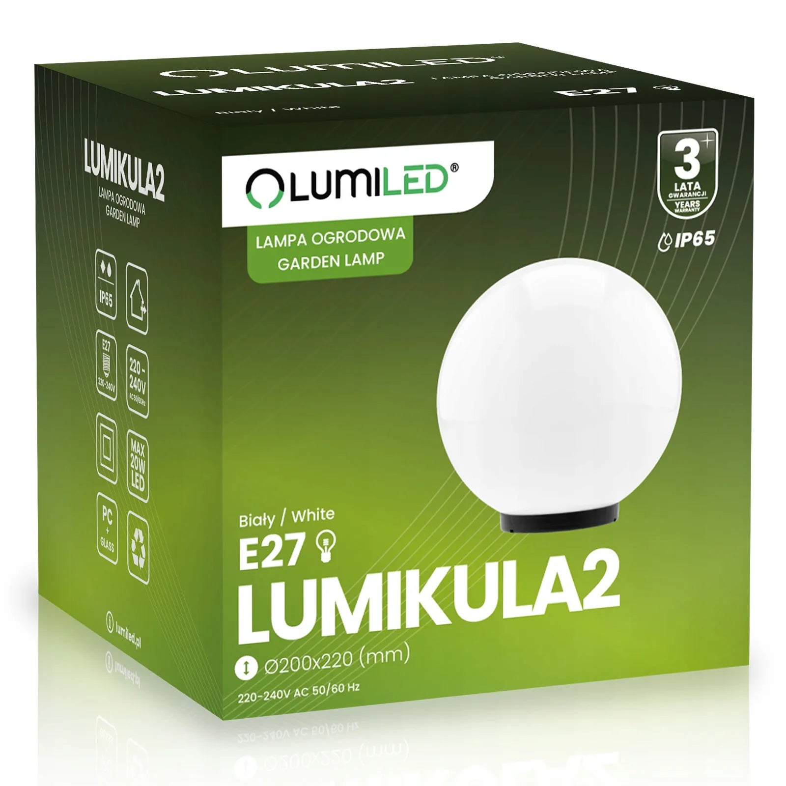Sodo šviestuvas LED rutulys 230V 20cm įkasamas su laidu E27 balto stiklo