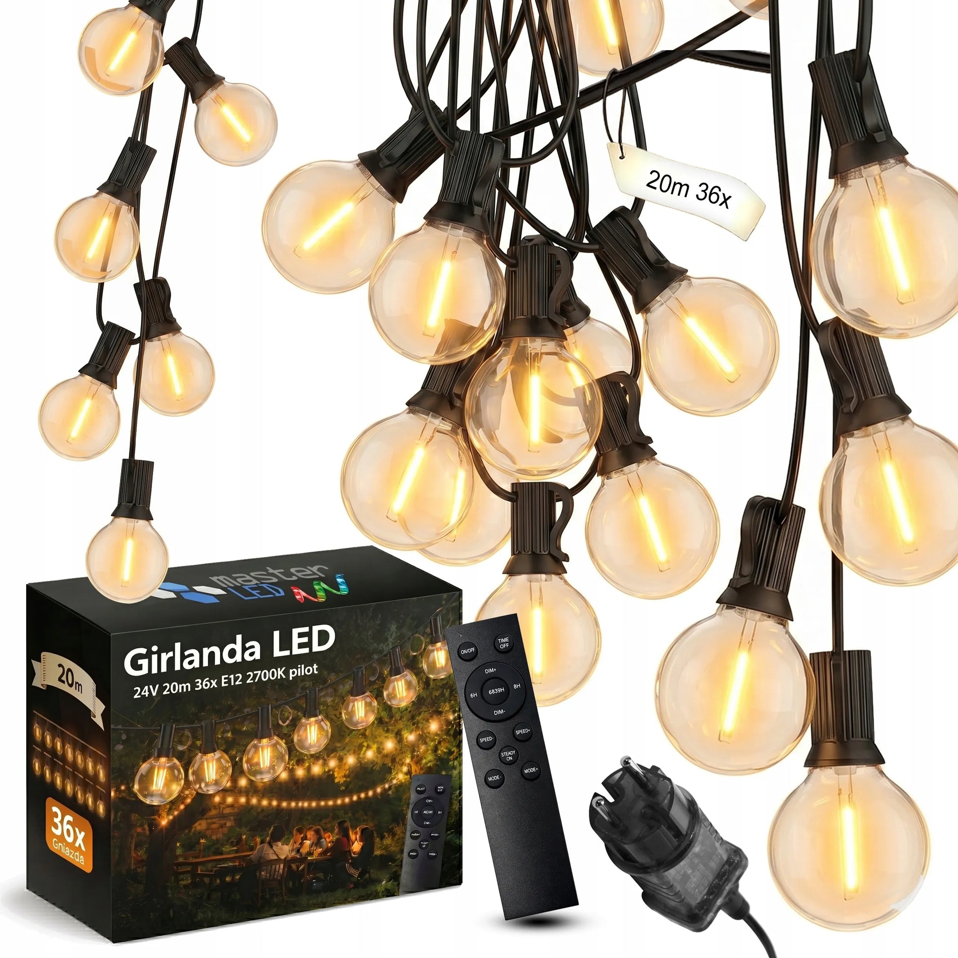 Sodo šviesų girlianda 20 m, 36x LED E12 lemputės + vandeniui atsparus laidas