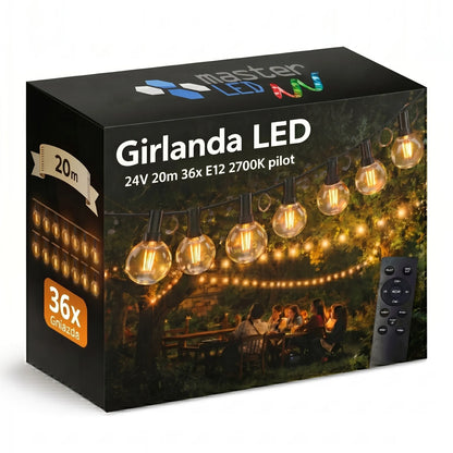 Sodo šviesų girlianda 20 m, 36x LED E12 lemputės + vandeniui atsparus laidas