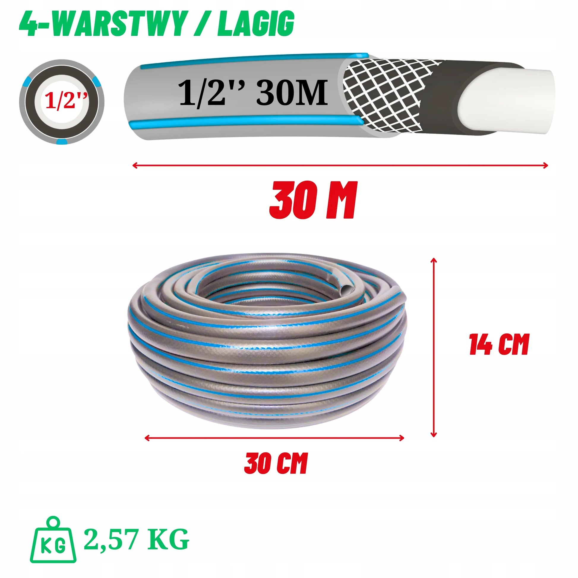 Sodo žarna 1/2" 30m suvyniojama 4 sluoksnių armuota lanksti tvirta