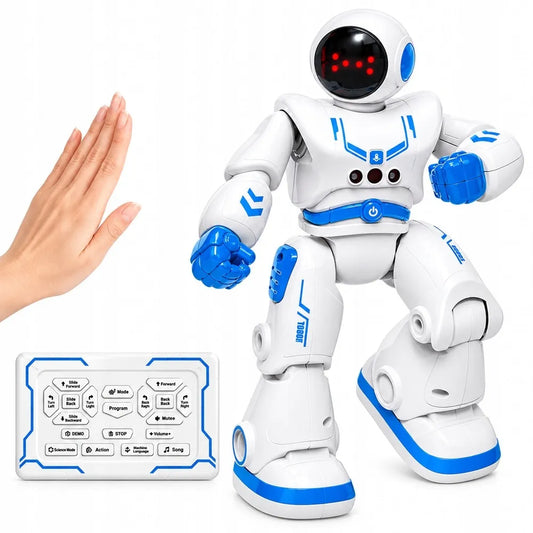 Šokantis nuotoliniu būdu valdomas robotas, valdymas gestais ir pulteliu, programavimas, LED