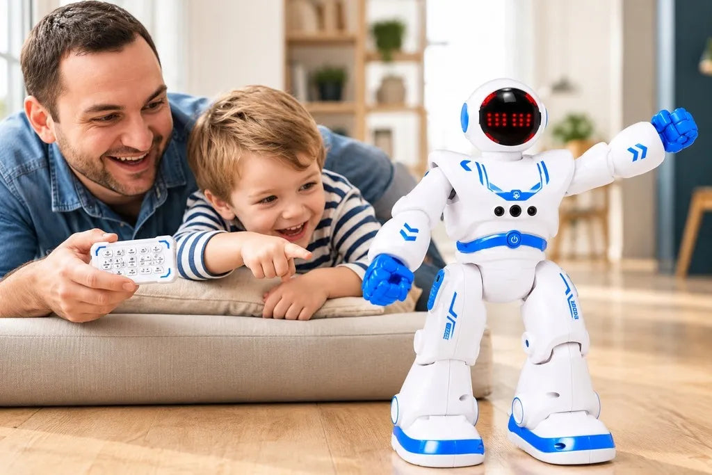 Šokantis nuotoliniu būdu valdomas robotas, valdymas gestais ir pulteliu, programavimas, LED
