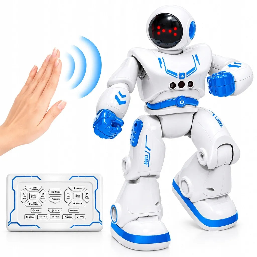 Šokantis nuotoliniu būdu valdomas robotas, valdymas gestais ir pulteliu, programavimas, LED