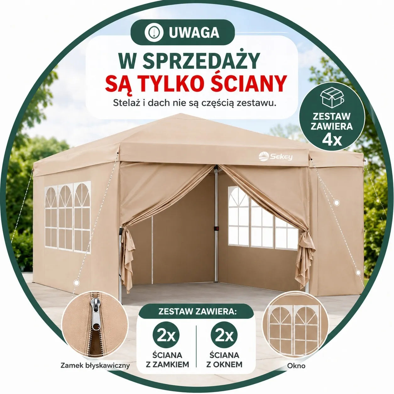 Šoninės sienelės Sekey palapinei arba pavėsinei 3x3 m, 4 vnt., smėlio spalvos
