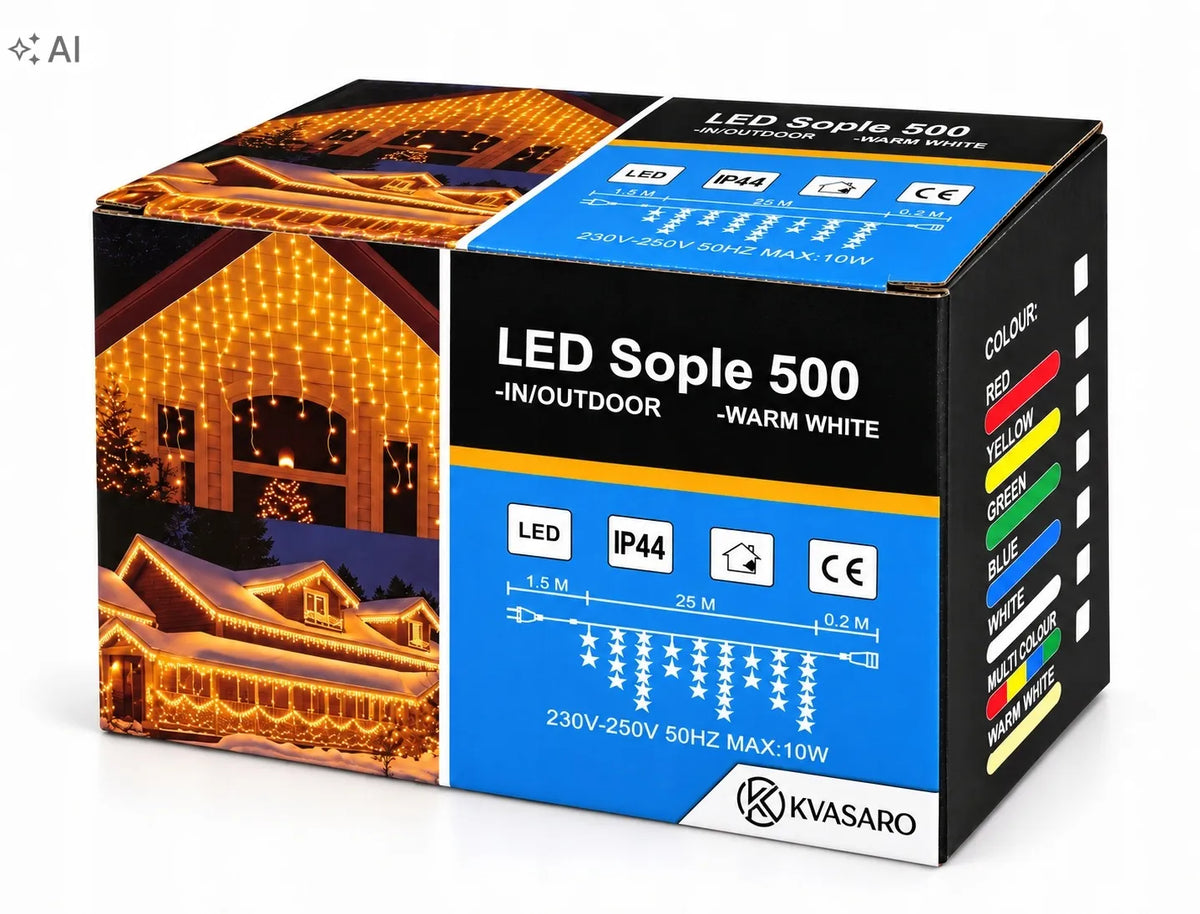 SOPLE 500 LED lauko šviesų užuolaida, IP44, šiltai balta ir šaltai balta mirksinti šviesa, 25 m