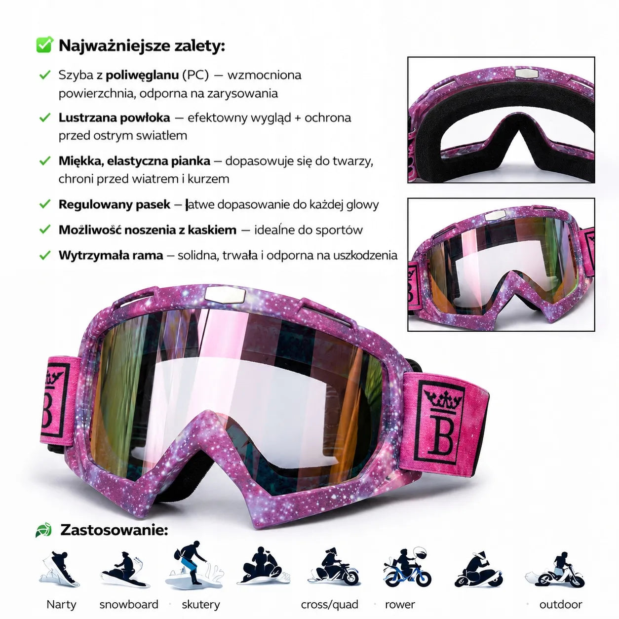 Spalvoti moteriški apsauginiai akiniai - motociklui, keturračiams, paspirtukams, slidinėjimui, snieglentei, UV400