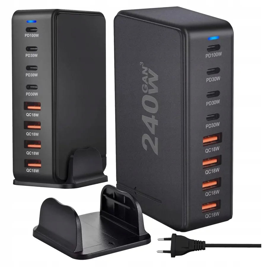 Spartusis sieninis įkroviklis 4xUSB 4xUSB-C GaN3 240W QC PD telefonui ir nešiojamam kompiuteriui