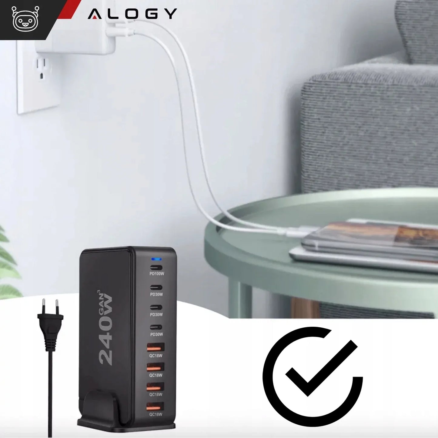 Spartusis sieninis įkroviklis 4xUSB 4xUSB-C GaN3 240W QC PD telefonui ir nešiojamam kompiuteriui
