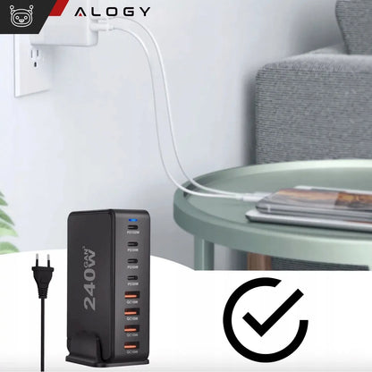 Spartusis sieninis įkroviklis 4xUSB 4xUSB-C GaN3 240W QC PD telefonui ir nešiojamam kompiuteriui