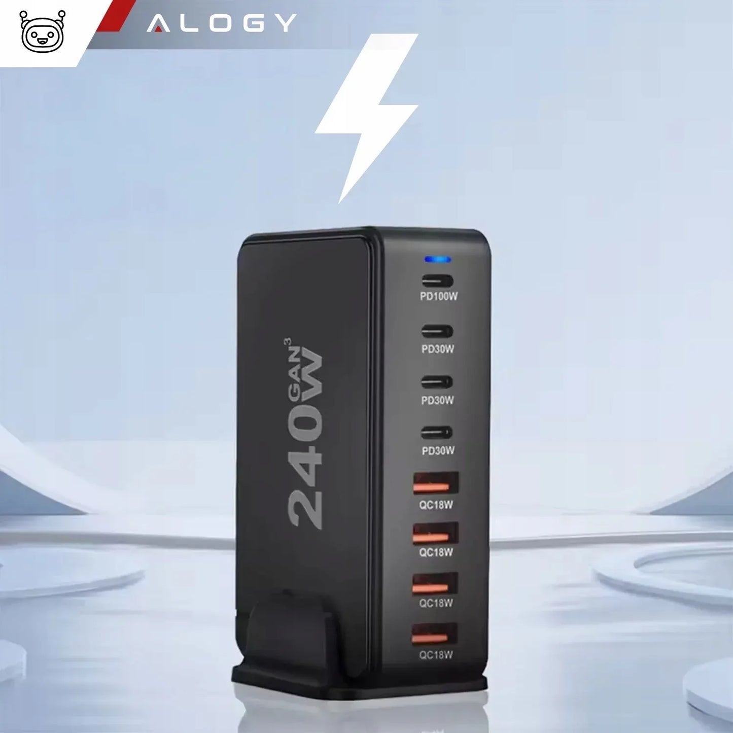 Spartusis sieninis įkroviklis 4xUSB 4xUSB-C GaN3 240W QC PD telefonui ir nešiojamam kompiuteriui