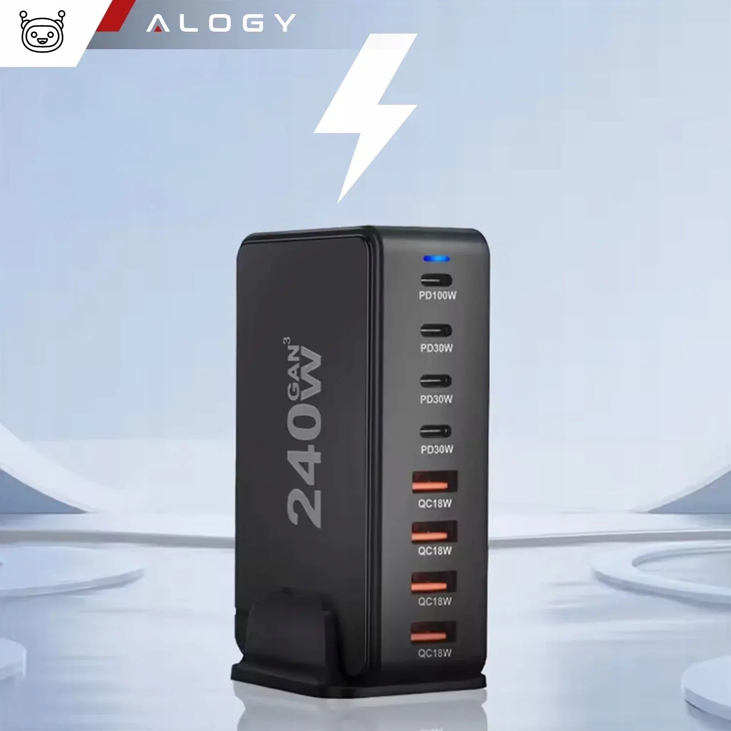 Spartusis sieninis įkroviklis 4xUSB 4xUSB-C GaN3 240W QC PD telefonui ir nešiojamam kompiuteriui