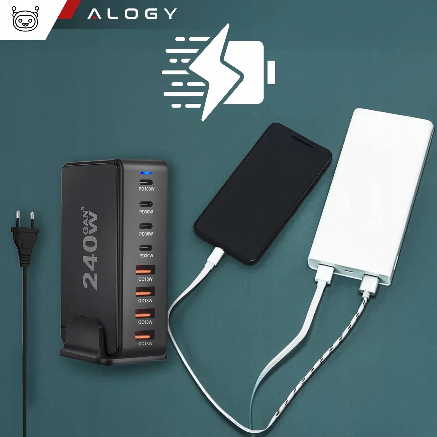 Spartusis sieninis įkroviklis 4xUSB 4xUSB-C GaN3 240W QC PD telefonui ir nešiojamam kompiuteriui