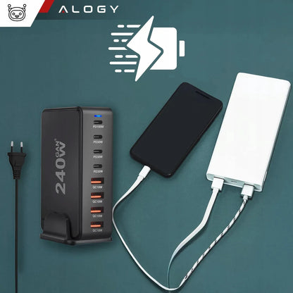 Spartusis sieninis įkroviklis 4xUSB 4xUSB-C GaN3 240W QC PD telefonui ir nešiojamam kompiuteriui