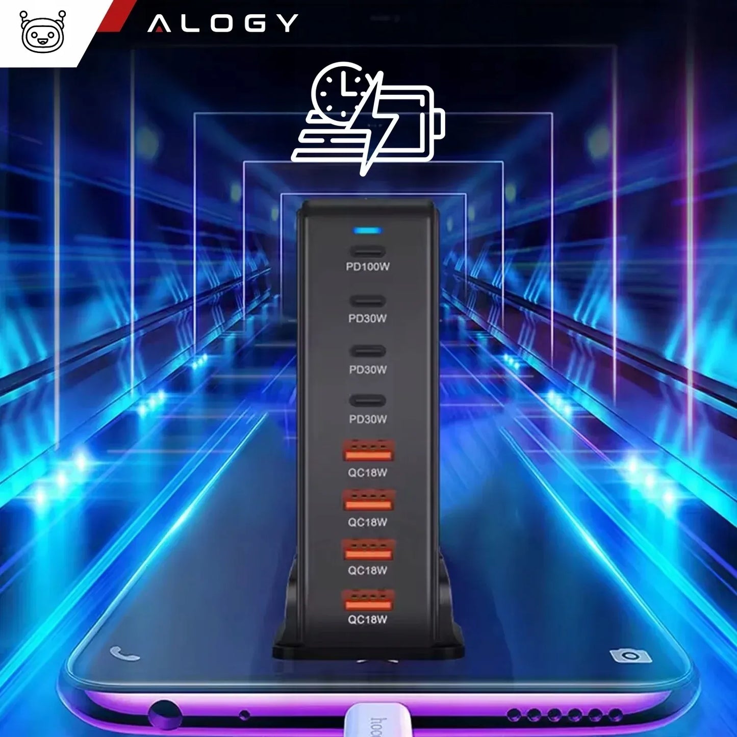 Spartusis sieninis įkroviklis 4xUSB 4xUSB-C GaN3 240W QC PD telefonui ir nešiojamam kompiuteriui