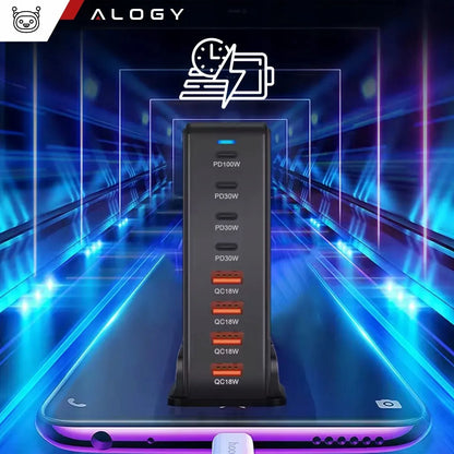 Spartusis sieninis įkroviklis 4xUSB 4xUSB-C GaN3 240W QC PD telefonui ir nešiojamam kompiuteriui