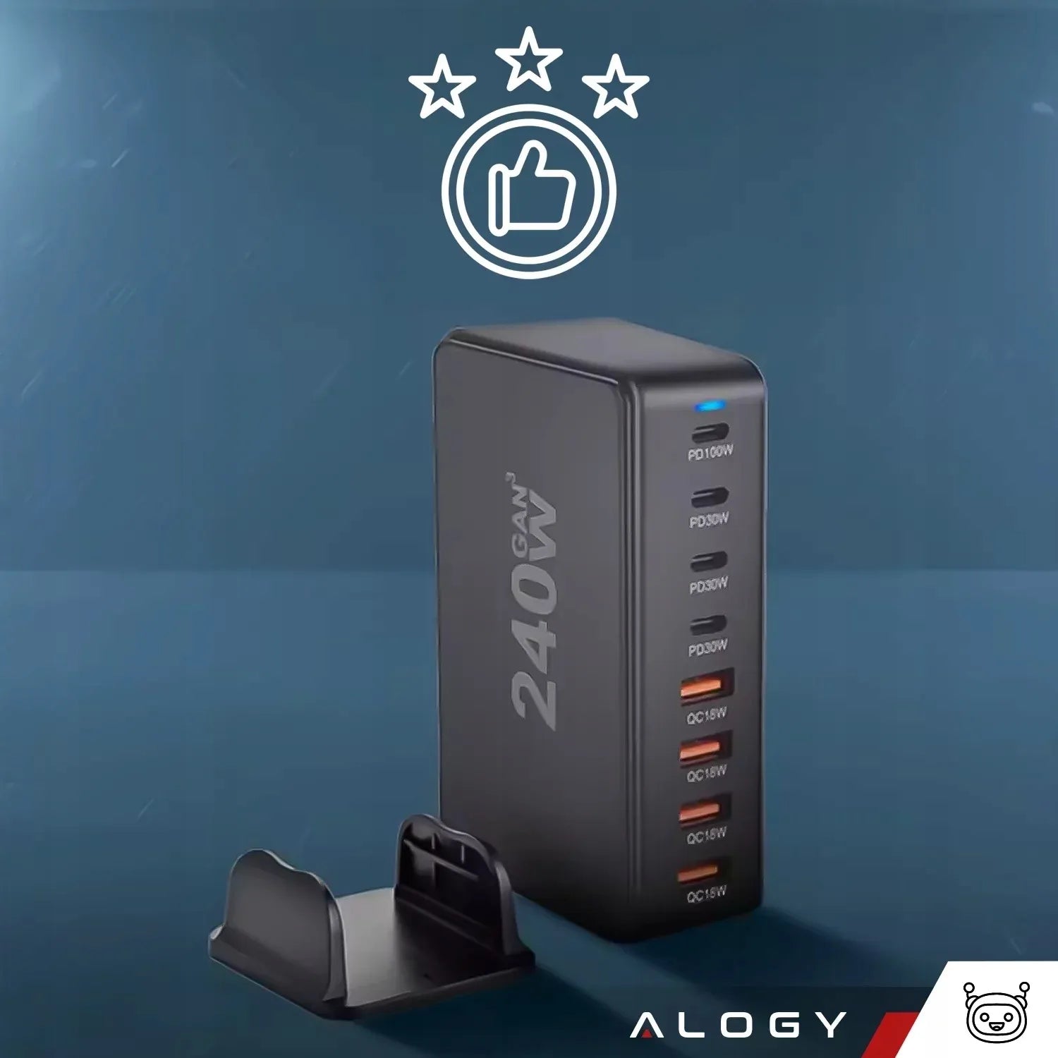 Spartusis sieninis įkroviklis 4xUSB 4xUSB-C GaN3 240W QC PD telefonui ir nešiojamam kompiuteriui