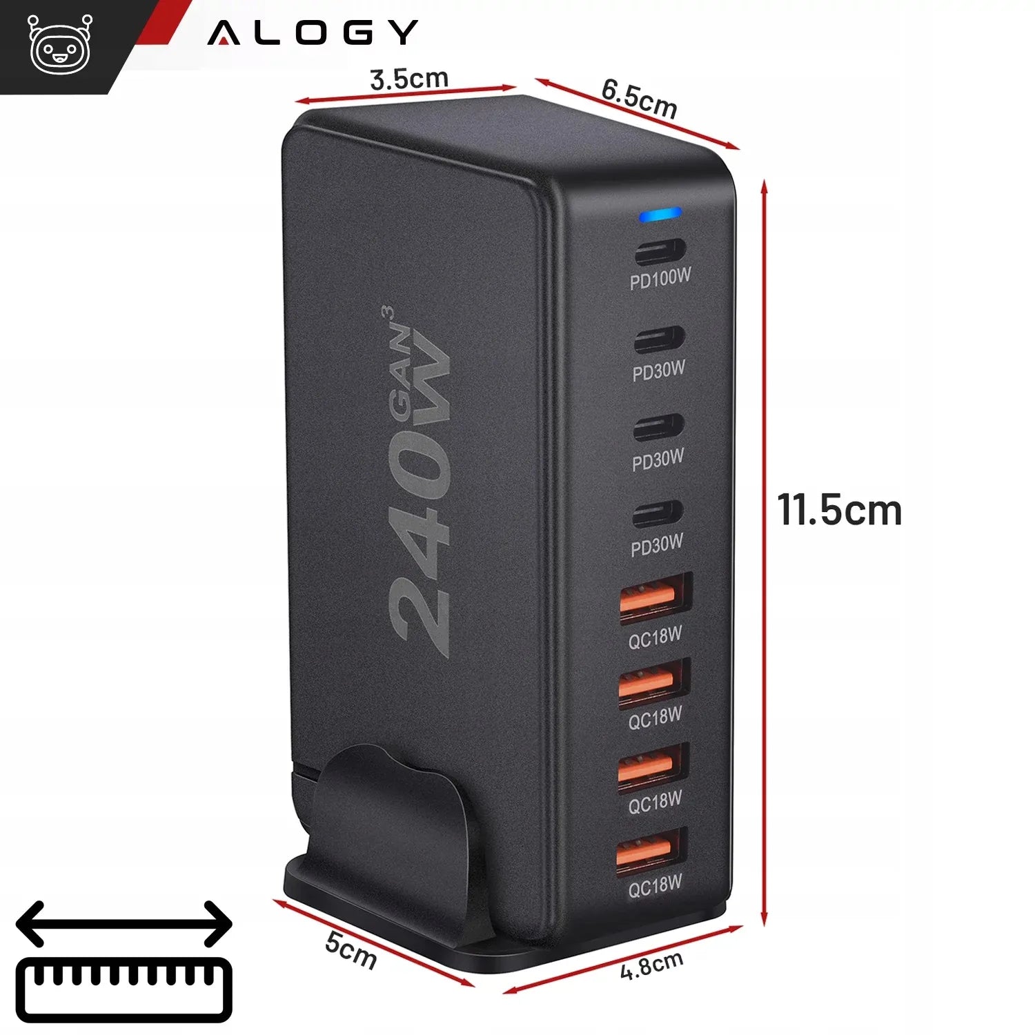 Spartusis sieninis įkroviklis 4xUSB 4xUSB-C GaN3 240W QC PD telefonui ir nešiojamam kompiuteriui
